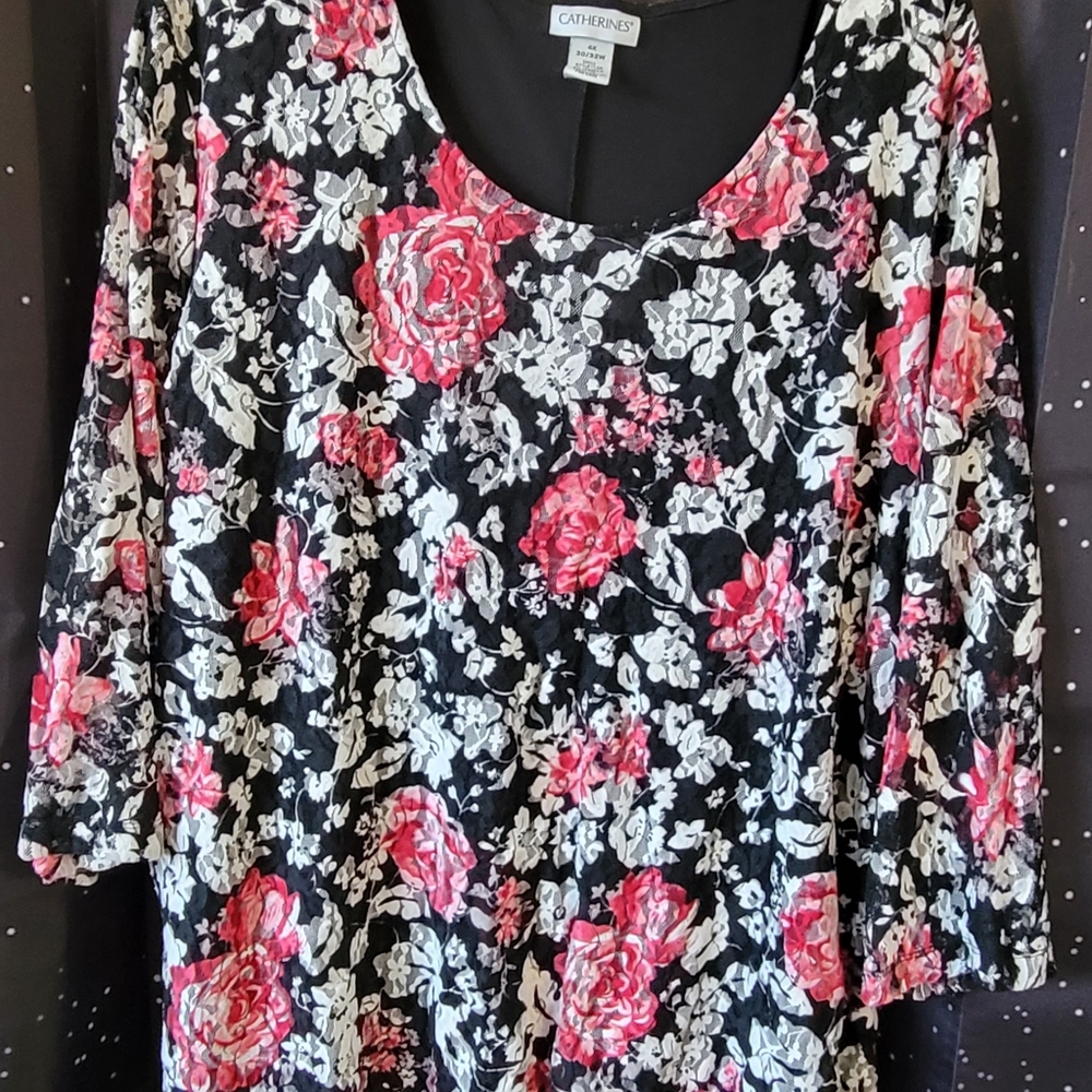 Catherine's 4X (30/32) floral lace blouse with black undershirt.